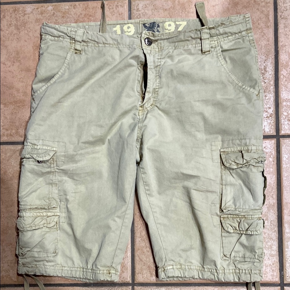 Tan 34-38 Cargo Shorts with Flat-Front Design & Waist & Leg Drawstrings